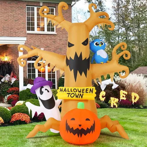 Vista 4 de GOOSH Árbol muerto inflable de Halloween de 8 pies para decoración al aire libre con fantasmas de búho y calabazas, decoraciones de patio inflables