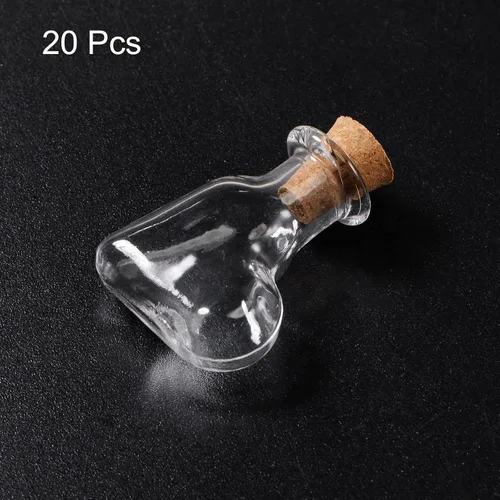 Vista 3 de HARFINGTON 20 mini botellas de vidrio con tapones de corcho oblicuamente en forma de corazón, pequeños frascos de vidrio transparentes transparentes