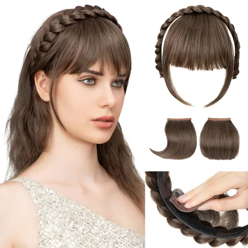Vista 22 de SARLA Diadema trenzada con 3 flequillos desmontables con clips, extensiones de cabello con flequillo para mujer, banda de cabello sintética falsa