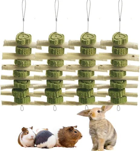 Vista 10 de 4 juguetes masticables de conejo para rechinar dientes, deliciosos juguetes masticables colgantes en jaula de conejo, palitos masticables de bambú
