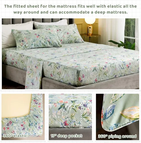 Vista 3 de QSH Juego de sábanas de tamaño individual 100% algodón egipcio, estampado de flores verdes con pájaros, mariposas y botánicas, lujo impreso, ropa