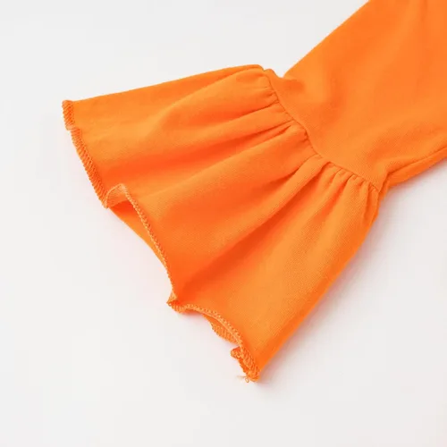 Vista 5 de Noubeau Trajes de Halloween para bebés y niñas pequeñas, con estampado de letras, manga acampanada, camisa de vestir linda calabaza con pantalones
