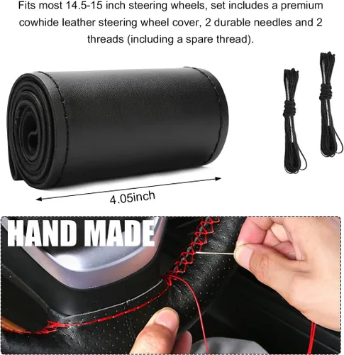 Vista 2 de Funda de Volante de Cuero Genuino, Envoltura con Costura para Volante de hasta Diámetro 15 Pulgadas, Protector de Volante de Costura DIY, Accesorios