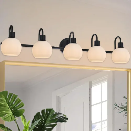 Vista 7 de Luz de tocador de baño con vidrio esmerilado en forma de globo de 2 luces, aplique de pared industrial negro para vestíbulo o pasillo