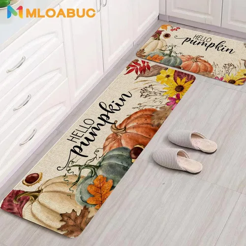 Vista 5 de Juego de 2 Tapetes de Cocina Hello Fall, Alfombra de Cocina de Calabaza de Acción de Gracias, Alfombra de Piso Decorativa Creativa de Vacaciones