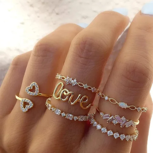 Vista 2 de Anillos apilables de oro para mujeres, adolescentes, niñas, regalos de moda, juego de anillos de nudillos simples de estrella, luna, corazón, boho