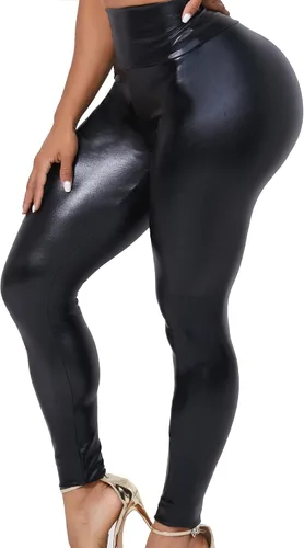 Vista 2 de Feazac Leggings elásticos de piel sintética para mujer, mallas sexis de piel sintética de cintura alta, mallas elásticas para moldear la cadera