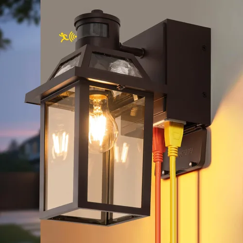 Vista 12 de Luces de porche con salida GFCI, luces exteriores del atardecer al amanecer con tomacorriente, 3 modos de iluminación exterior impermeable, luces