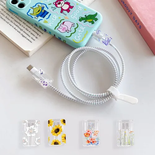 Vista 2 de Bonito protector de cable floral para cargador de iPhone, patrón de lavanda, camelia, girasol, ramo de flores, encaje, cerezo en flor, set de 6