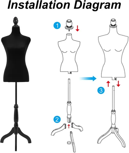 Vista 6 de Maniquí cuerpo vestido forma torso maniquí femenino 49.6-63.4 pulgadas maniquí con altura ajustable trípode de madera soporte para la exhibición