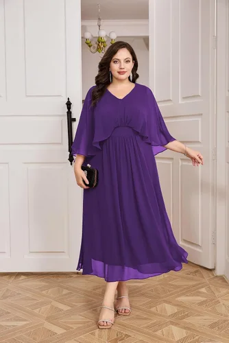 Vista 9 de Hanna Nikole Vestido de fiesta de noche de gasa con cuello en V para mujer, talla grande, manga capa, maxi vestidos para invitados de boda
