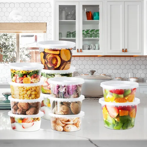 Vista 6 de NEEBAKE Juego de 90 recipientes de delicatessen con tapas: [8 onzas, 16 onzas, 32 onzas] Combo de contenedores de plástico para almacenamiento