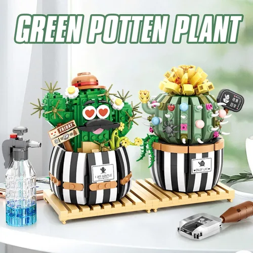 Vista 2 de MEIEST Juego de bloques de construcción de bonsái de cactus bulbosos, decoración creativa única para el hogar, ramo de flores artificiales
