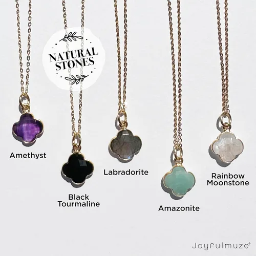 Vista 25 de Genuine Gemstone Necklace, Carved Four Leaf Clover Shape, Amethyst, Moonstone, Amazonite, Tourmaline, Labradorite, 925 Sterling Silver Jewelry