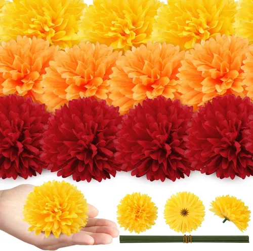 Vista 7 de EIMMBD 40 cabezas de flores de caléndula a granel de 3.15 pulgadas, guirnalda artificial de caléndula para decoración del día de los muertos