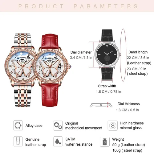 Vista 7 de Reginald Relojes para mujer, reloj de vestir casual a la moda, impermeable, con esfera de esqueleto de mariposa, reloj mecánico automático