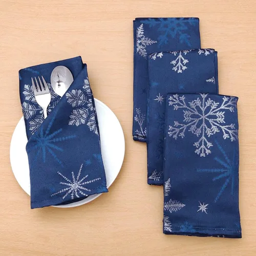 Vista 9 de Camino de mesa tejido jacquard metálico con copos de nieve azul navideño (corredor de 14" x 72")