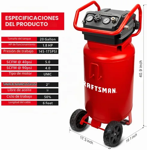 Vista 4 de CRAFTSMAN Compresor de aire, 20 galones, 1.8 HP, herramientas de aire sin aceite, manguera de aire roja y Flexzilla, 3/8 pulgadas x 50 pies