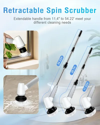 Vista 3 de Cepillo Eléctrico Giratorio de Baño - Cepillo de Ducha Inalámbrico con Mango Ajustable, 2 Velocidades, Cepillo de Baño con 8 Cabezales de Cepillo