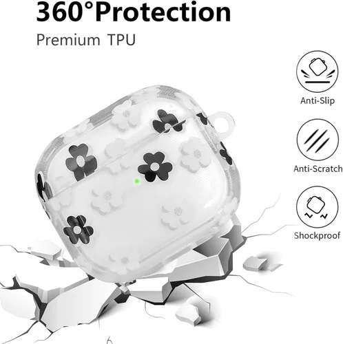 Vista 3 de Funda compatible con AirPods 3 2021, TPU suave con bonito patrón de flores para AirPods de 3ª generación con llavero de flores y mosquetón para Negro