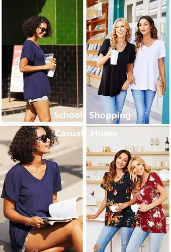 Vista 4 de CATHY - Camisetas informales de verano 2022 para mujer camisetas de manga corta con cuello en V y pétalos blusa holgada y cómoda ligera y bonita