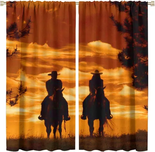 Vista 13 de Cortinas opacas de vaquero americano para sala de estar, atardecer occidental, rústico, vaquero, equitación, cortinas de ventana, aislamiento