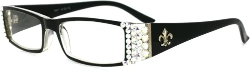 Vista 3 de The French (Bling) Fleur De Lis Women Reading Glasses with (Clear + Aurora Borealis) Austrian Crystals (Black) Rectangular