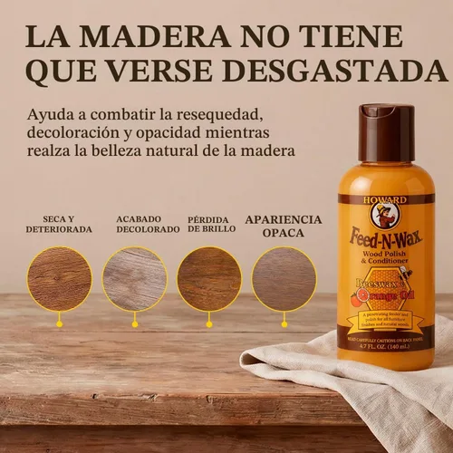 Vista 3 de Howard Products Cera de abejas para abrillantar y acondicionar madera, Feed-N-Wax para muebles de madera, 133 ml, Naranja