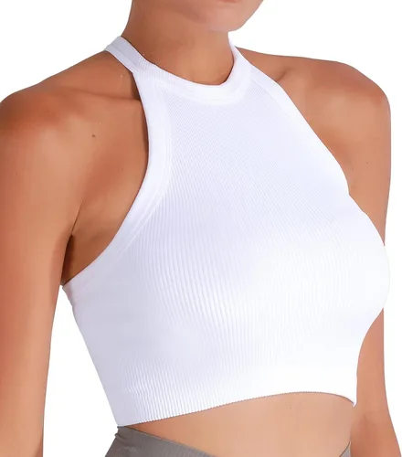 Vista 4 de Sunzel Camiseta sin mangas acanalada para mujer, cuello alto, sin costuras, linda, básica, sin mangas, para entrenamiento, atlética, yoga