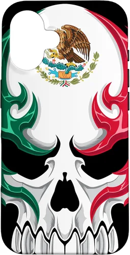 Vista 32 de Funda para iPhone 17 con diseño de bandera de México, diseño tribal de calavera mexicana