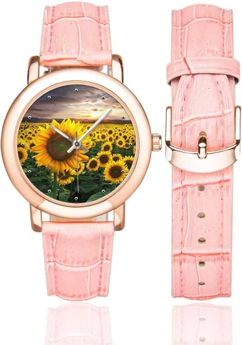 Vista 2 de Reloj de pulsera para mujer, diseño de girasoles y flores de lavanda, color rosa