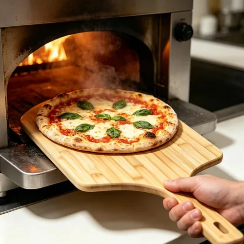 Vista 3 de Pela de pizza de 14 pulgadas, 16 pulgadas de largo x 14 pulgadas de ancho, con mango de madera de 8 pulgadas de largo, 24 pulgadas de longitud