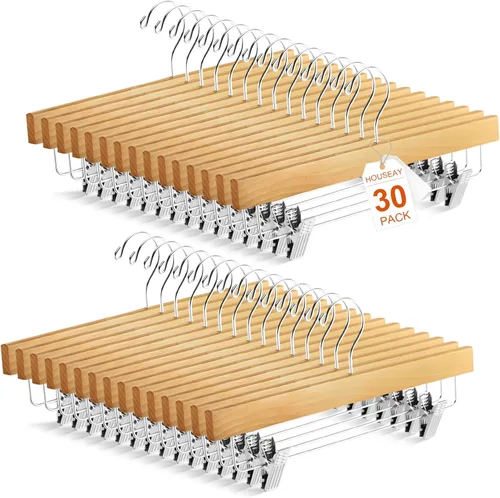 Vista 8 de Sieral Paquete de 30 perchas de madera para pantalones con clips de madera maciza, faldas de madera maciza con 2 clips ajustables, gancho giratorio