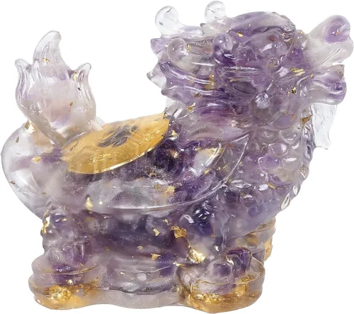 Vista 2 de SUNYIK Paquete de 2 estatuas de tortuga de dragón de cristal de resina, piedra curativa de tortuga de dragón Feng Shui, decoración para el hogar