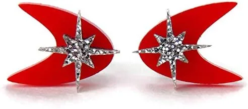 Vista 3 de Retro Red Boomerang Stud Earrings, Atomic 50s Acrylic Studs, Mid Century Modern Celestial Earring
