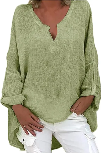 Vista 3 de Blusas para mujer de talla grande blusa de manga larga de algodón y lino con cuello en V estilo túnica de ajuste holgado