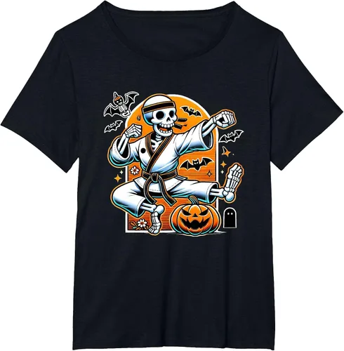 Vista 4 de Camiseta de karate de esqueleto de Halloween Negro