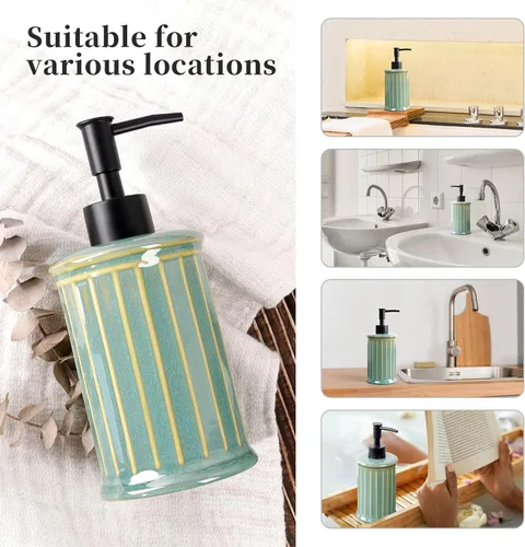 Vista 5 de Dispensador de jabón, dispensador de jabón líquido de cerámica 11.84OZ, dispensador de loción de manos para cocina, baño, ducha, recargable, verde