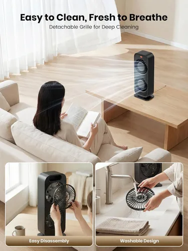 Vista 6 de Warmco Ventilador de torre de escritorio para dormitorio, ventilador de escritorio de alta velocidad de 19.7 ft/s de doble motor con 4 velocidades