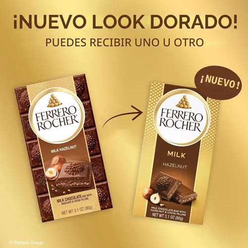 Vista 5 de Ferrero Rocher Chocolate premium, barra de chocolate con leche, relleno de avellana y cacao, ideal para compartir, 8 unidades, 3.1 onzas cada una