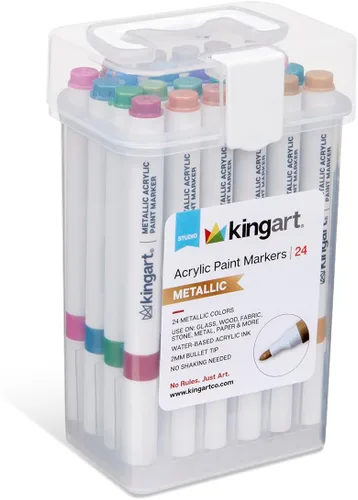 Vista 5 de KINGART Marcadores de pintura acrílica 409-24M con estuche de almacenamiento, 24 colores metálicos Tinta a base de agua con punta de bala de 0.079