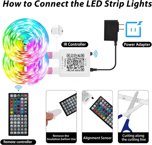 Vista 4 de GANZQH Luces LED para dormitorio de 200 pies (2 x 100 pies), tira de luces LED RGB que cambian de color con sincronización de música, control remoto
