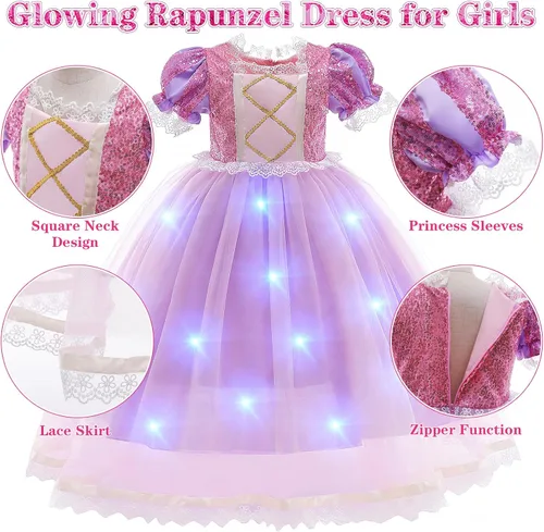 Vista 3 de Tacobear 21 piezas de vestido Rapunzel iluminado para niñas, disfraz de Rapunzel, peluca de Rapunzel, accesorios de princesa, disfraz de Halloween