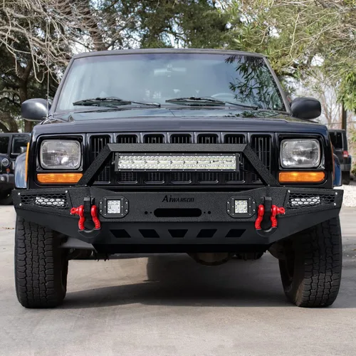 Vista 4 de Parachoques delantero para Cherokee XJ, AAIWA parachoques de acero con barra de luz LED y soporte de placa de cabrestante compatible con Cherokee XJ