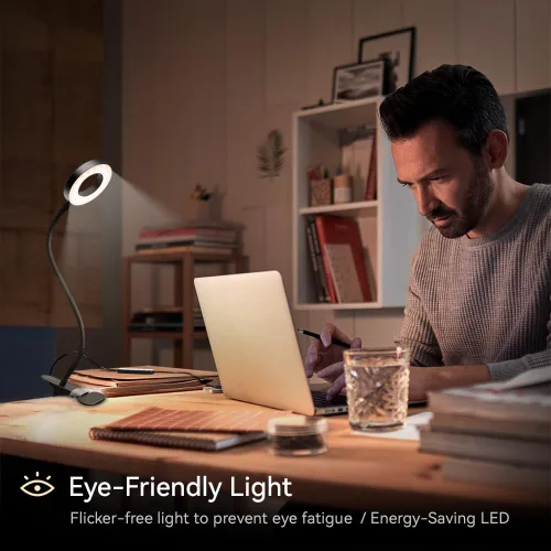 Vista 5 de Paquete de 2 lámparas de escritorio LED con clip, lámpara de metal ajustable 360 para el cuidado de los ojos con función de memoria, 3 modos