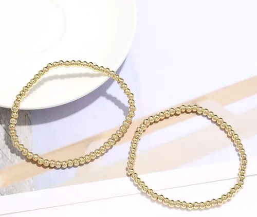 Vista 7 de ARATLENCH Pulsera de cuentas de oro para mujer, chapada en oro de 14 quilates, pulsera de cuentas de bola de cuerda elástica, pulsera de la amistad