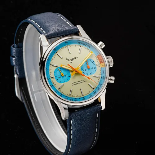 Vista 5 de Sugess S387.01.ITE Verde azulado Ojos Azul Cisne Cuello x Crono Italiano Reloj para Hombre Gaviota 1963, plateado, Italiano