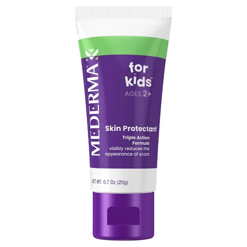 Vista 2 de Mederma Gel de cicatrices para niños; reduce la apariencia de cicatrices viejas y nuevas de cortes, quemaduras, cirugía; se pone morado y frota