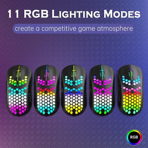 Vista 4 de Mouse inalámbrico ligero para juegos, mouse recargable UHURU WM-08 con carcasa de panal de abeja, 11 modos de luz LED, 4 DPI ajustables, mouse RGB