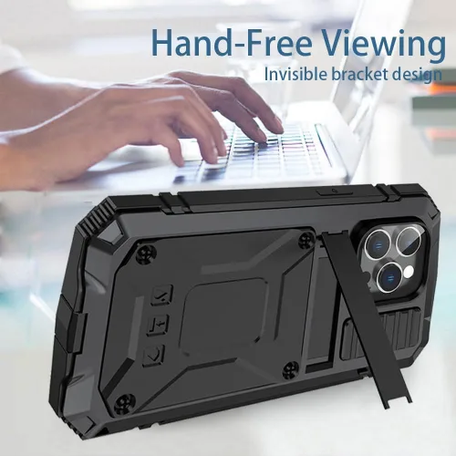 Vista 6 de Funda de metal para iPhone 14 Plus 5G con protector de pantalla y función atril, funda para cámara, resistente armadura militar duradera, cuerpo